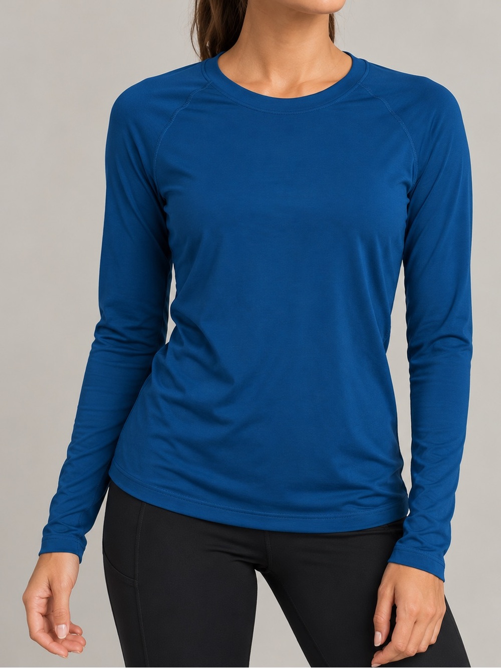 Athleta Womens Blue Solid Crew Neck Long Sleeve Stretch Nylon Top Size L